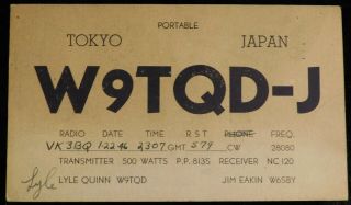 1946 Radio Qsl Card - Portable W9tqd - J - Tokyo,  Japan - Ham Radio