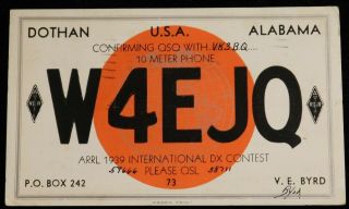 1939 Radio Qsl Card - W4ejq - Dothan,  Alabama,  U.  S.  A.  - Ham Radio