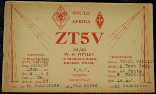 1933 Radio Qsl Card - Zt5v - Durban,  Natal,  South Africa - Ham Radio