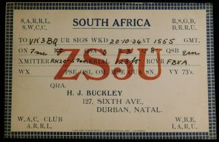 1934 Radio Qsl Card - Zs5u - Durban,  Natal,  South Africa - Ham Radio