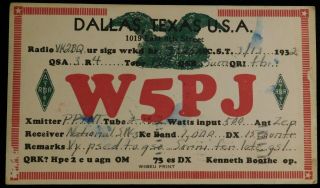 1932 Radio Qsl Card - W5pj - Dallas,  Texas,  U.  S.  A.  - Ham Radio