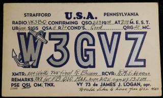1939 Radio Qsl Card - W3gvz - Strafford,  Pennsylvania,  U.  S.  A.  - Ham Radio