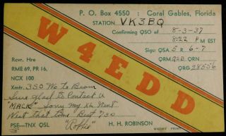 1937 Radio Qsl Card - W4edd - Coral Gables,  Florida,  U.  S.  A.  - Ham Radio