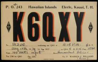 1939 Radio Qsl Card - K6qxy,  Honolulu,  Hawaii - Ham Radio