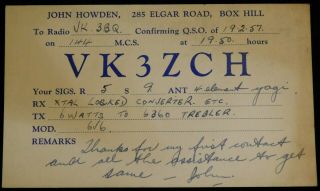 1957 Radio Qsl Card - Vk3zch - Box Hill,  Victoria,  Australia - Ham Radio
