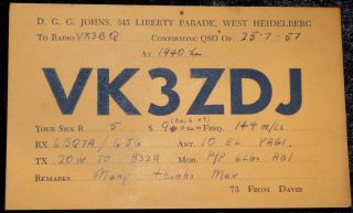 1957 Radio Qsl Card - Vk3zdj - West Heidelberg,  Victoria,  Australia - Ham Radio