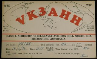 1954 Radio Qsl Card - Vk3ahh - Box Hill North,  Victoria,  Australia - Ham Radio