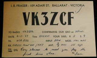 1957 Radio Qsl Card - Vk3zcf - Ballarat,  Victoria,  Australia - Ham Radio