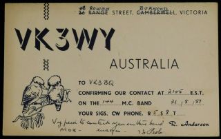 1957 Radio Qsl Card - Vk3wy - Burwood,  Victoria,  Australia Ham Radio Kookaburras