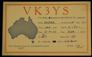 1953 Radio Qsl Card - Vk3ys - Box Hill,  Victoria,  Australia - Ham Radio