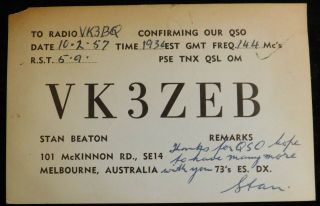 1957 Radio Qsl Card - Vk3zeb - Mckinnon,  Melbourne,  Australia - Ham Radio