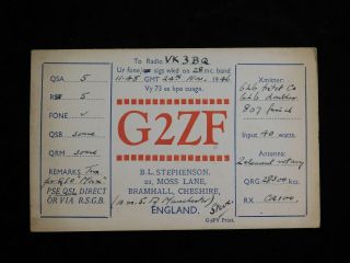 1946 Radio Qsl Card - G2zf - Bramhall,  Cheshire,  England - Ham Radio