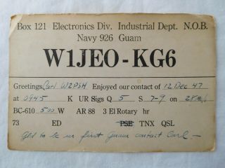 Qsl Ham Amateur Radio Card W1jeo/kg6 Guam Us Navy Uss Hector Cancel Airmail 1947