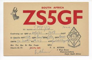 Qsl Radio Zs5gf Pietermaritzburg Natal South Africa Ham 70w Ritson 1951 Dx Swl