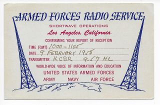 Qsl Armed Forces Radio Service Afrs Los Angeles Ca Station Kcbr 1958 Dx Swl
