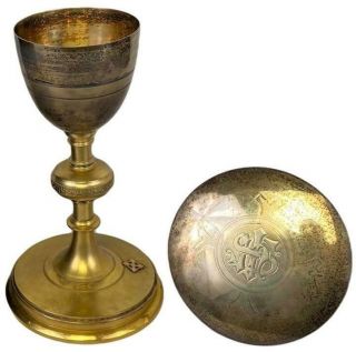 Antique Sterling Silver Brass Gilt Catholic Church Communion Chalice Paten,  Case