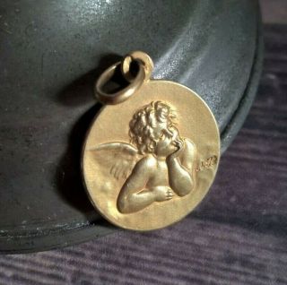 Antique French 18k Gold Putty Cherub Angel Pendant Medal