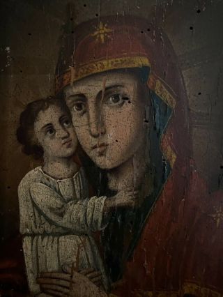 19th Century Russian Icon On Wood Panel Mother Of God “smolensk”