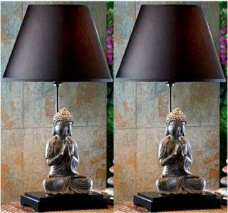 Set Of Two (2) Modern 24 " Buddha Sculpture Table Lamp W/ Lamp Shade Nib
