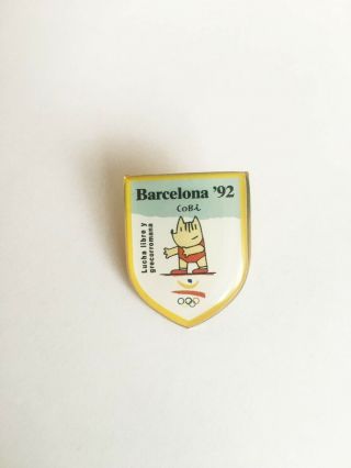 Olympic Games Barcelona 1992 Wrestling Mascot Badge Pin