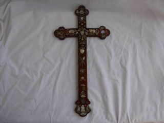 Antique Asian Wood Mother Of Pearl Marquetry Cross,  19th Century.