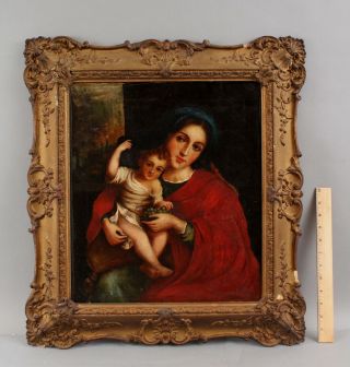 Antique 18thc Gilt Frame & Old Master Madonna & Child Canvas Oil Painting