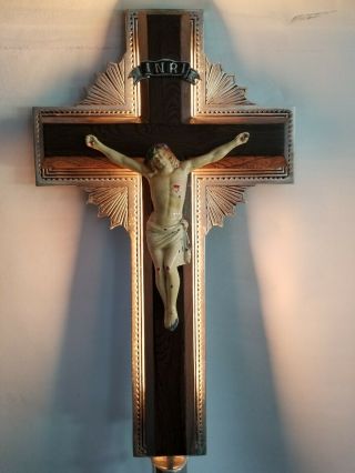 Vtg Antique Art Deco Jesus on Cross Funeral Home Church Crucifix Sign Neon Box 2