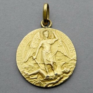 French,  Antique Religious Pendant.  Saint Michael.  Gold Plating Medal.  By Tricard