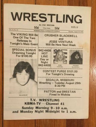 Vintage 1978 Nwa Wrestling Program Ted Dibiase Vs.  Bruiser Brody Kansas City