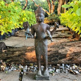 Collectible Buddhism Antique Buddha Statue Cambodia Khmer Bronze God Stand Decor