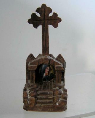 Antique Virgin Mary Black Forest Hand Carved Wood Miniature Cross Shrine 5 "