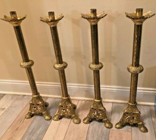 Gorgeous Set Of 4 Rare Lg Antique Catholic Church Altar Candle Sticks W/ Crosses