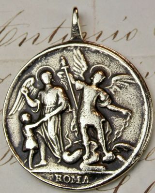 Antique Catholic Archangel Michael & Gabriel Saving Souls From Purgatory Medal