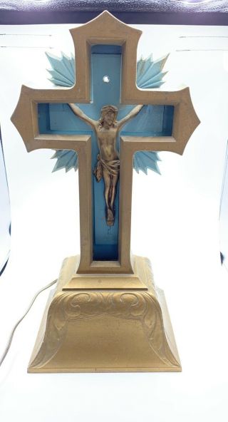 Antique Church Art Jesus Cross Blue Neon Crucifix Light