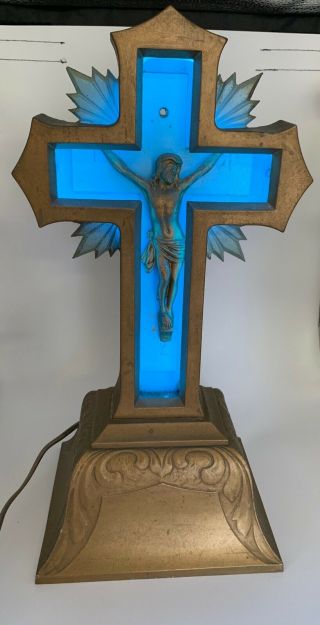 Antique CHURCH ART JESUS CROSS BLUE NEON CRUCIFIX LIGHT 2