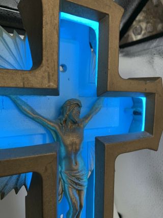 Antique CHURCH ART JESUS CROSS BLUE NEON CRUCIFIX LIGHT 3