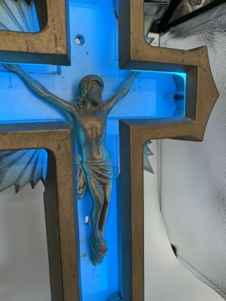 Antique CHURCH ART JESUS CROSS BLUE NEON CRUCIFIX LIGHT 5