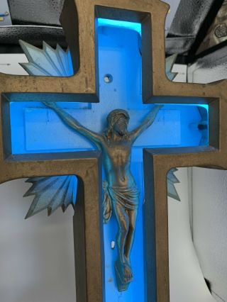 Antique CHURCH ART JESUS CROSS BLUE NEON CRUCIFIX LIGHT 6