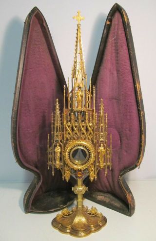 Antique Reliquary 30 " Gothic Bronze Very Fine Monstrance Relic Display With Case