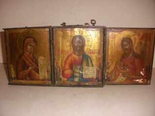 Exquisite Antique 18thc Russian Triptych Icon Bronze 3 Hand Painted Wood Panels