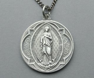 French Antique Religious Large Silver Pendant.  Saint Virgin Mary.  Medal By Penin