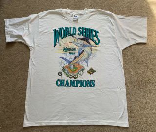 Vintage 1997 Mlb Florida Marlins World Series Champions White T Shirt Size Xl