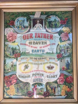 Antique Victorian 1800s The Lord ' s Prayer & Ten Commandments Lithograph Print 2
