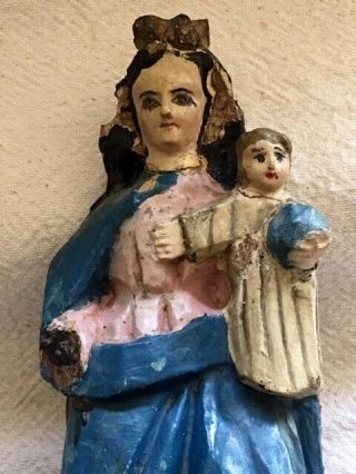 Antique 1800s Carved Wood Polychrome Madonna With Child Statue Glass Eyes 9.  5 " H