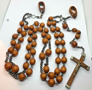 † Franciscan Monk Antique Brown Wooden Beads Habit Rosary W Wooden Hooks †