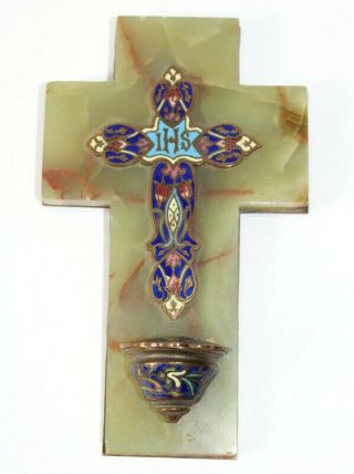 Antique French Enamel Holy Water Font Cloisonne Onyx Old Religious Crucifix