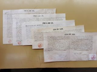 5 Papal Briefs/breves Of Popes Leo Xiii & Pius Ix With Red Ink Seals.