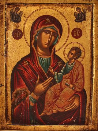 Antique Russian Gold Gilt Icon Painting Madonna & Jesus,  Burl Frame,  NR 3