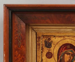 Antique Russian Gold Gilt Icon Painting Madonna & Jesus,  Burl Frame,  NR 6