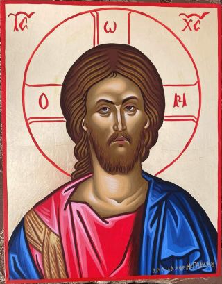 100 Handpainted Art Byzantine Orthodox Icon Jesus Christ 28x23 Cm.